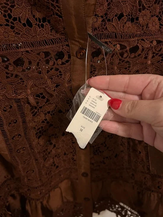 NWT By Anthropologie Long-Sleeve Eyelet Lace Blouse Brown - Picture 6 of 7